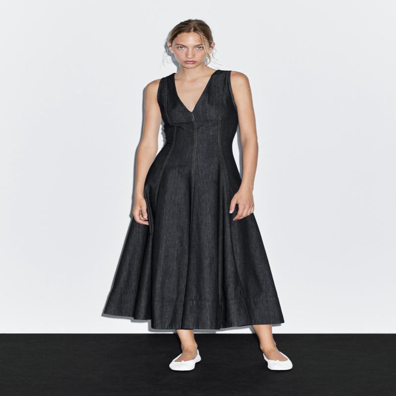Denim midi dress with seam details - DARK BLUE