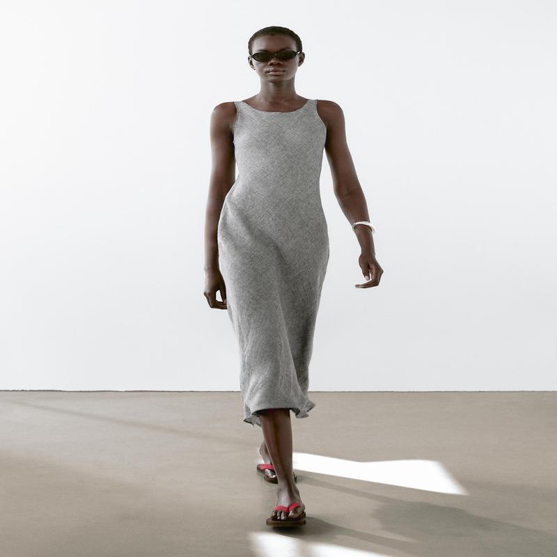 100% linen midi dress - GREY