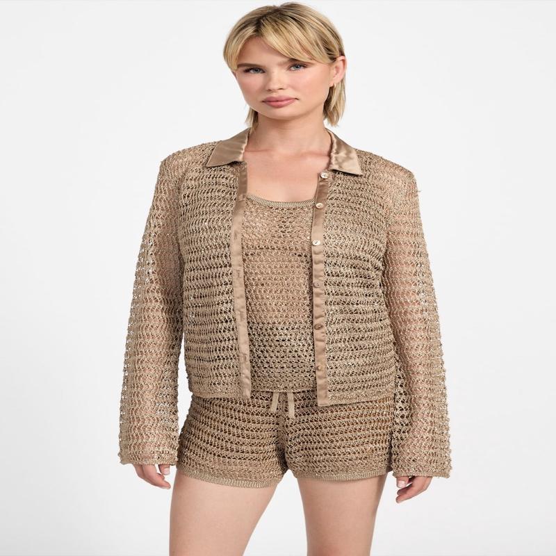 Metallic Brown Bella Button-Front Top